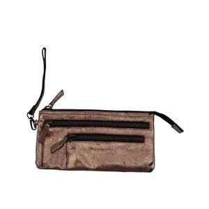 Anthropologie Holding Horses Metallic Rose Gold Black Leather Clutch Wristlet